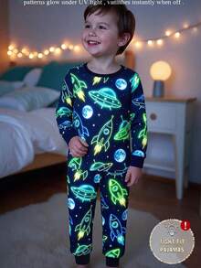 小男孩 UV 感光螢光太空宇宙印花長袖緊身睡衣套裝家居服 秋冬修身款 - 彩色 - 查看 2