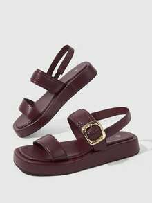 HighSole صنادل نسائية مزدوجة مفتوحة الأصابع بمقدمة مربعة وكعب مسطح ومنصة، بسيطة وكاجوال، مناسبة للتنقل والتسوق والعطلات - عنابي اللون - مشاهدة 4