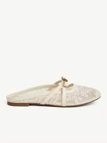 CUCCOO CHICEST Small Round Toe Flat Bottom Apricot Lace Mesh Bow Women's Low Vamp Flat Bottom Shoes Mules Shoes Light, Comfortable, Fashionable - 2025 net No. 3 apricot color - View 3