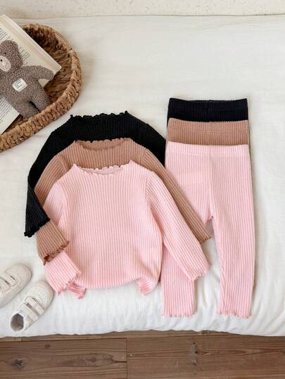 SHEIN 3pcs/Set Baby Girl Autumn/Winter Leggings, Multi-Color Korean Minimalist Style, Solid Color Ribbed With Ruffle Hem, Elastic Slim Fit, Soft Medium Thickness, Suitable For Daily Wear, School, Outdoor Activities, Crawling, Versatile