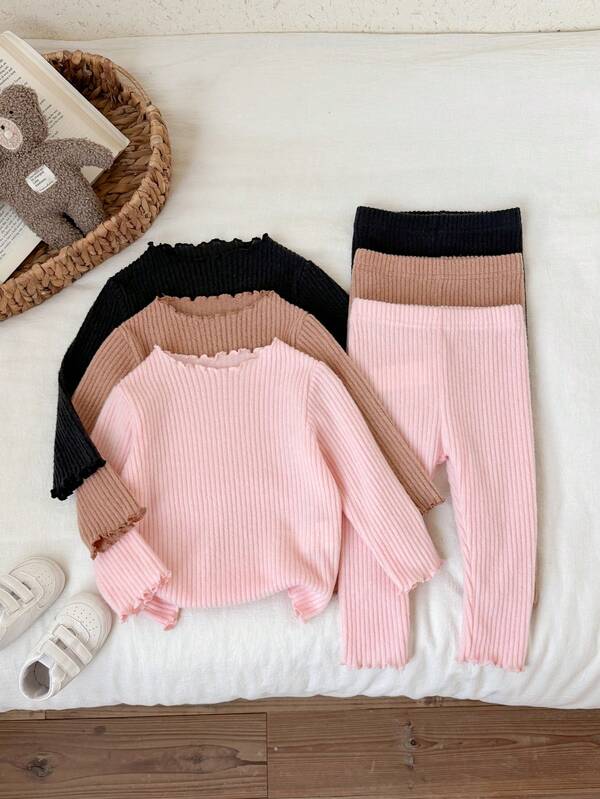 SHEIN Vintaside Kids 3pcs/Set Baby Girl Autumn/Winter Leggings, Korean Minimalist Cute Babygirl Style, Ribbed Frill Trim, Slim Fit, Soft, Black Khaki Pink