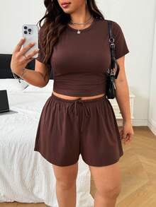 SHEIN EZwear 大尺碼夏季休閒純色T恤與短褲兩件套 - 鏽棕色 - 查看 1