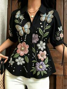 Franclia 優雅短袖女款上衣襯衫，修身顯腰線，遮腹花瓣袖上衣 - 黑色 - 查看 5