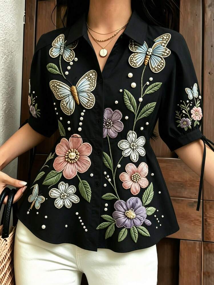 Franclia Elegant Short Sleeve T-Shirt Blouse, Slimming Waist, Belly-Covering Petal Sleeve Women's Top - Black - View 5
