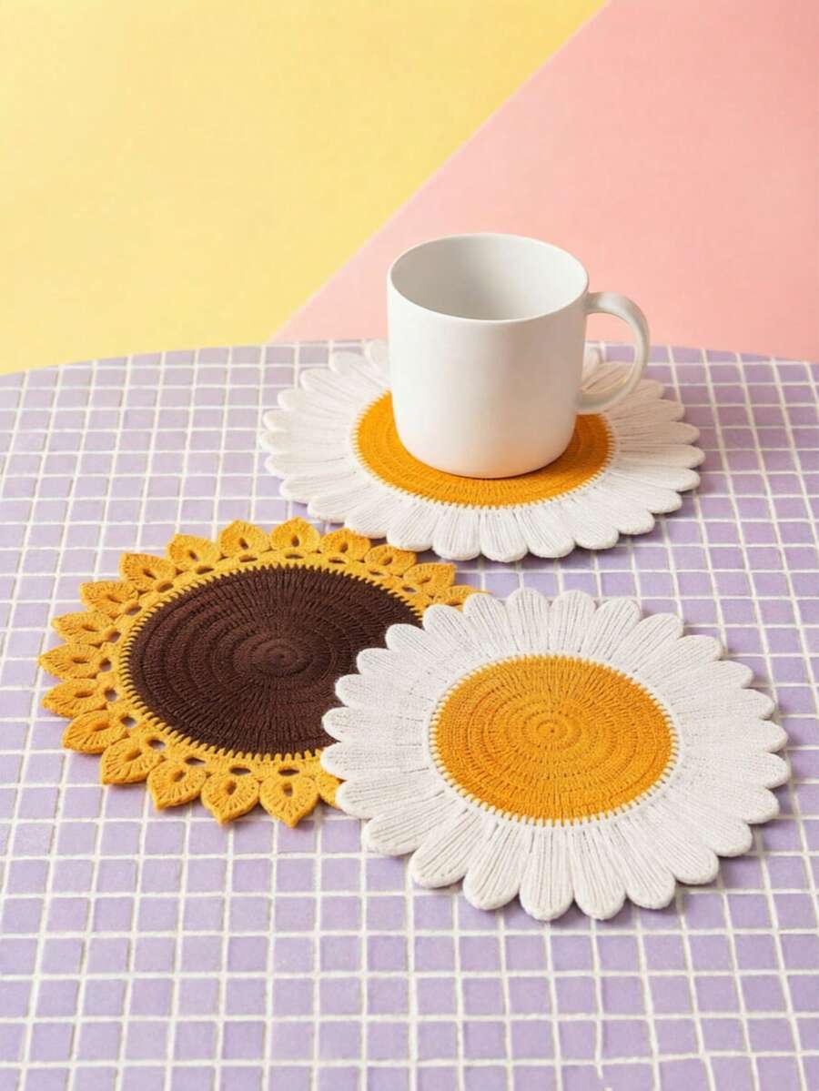 Zazumi 1PC Flower & Sunflower Shaped Table Mat, Imitate Hand Crochet Knitted Design Made Of Soft Milk Silk Fabric, Delicate Floral Hollow Embroidery Pattern, Heat Resistant, Anti-Slip, Stain Resistant And Easy To Clean Decorative Doily Table Runner - Multicolor - View 1
