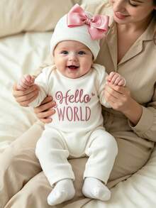 SHEIN 2件組新生女嬰攝影套裝 白色秋季 Hello World 刺繡連身褲 & 蝴蝶結帽子 趣味圖案拍照公主風套組 - 白色 - 查看 1