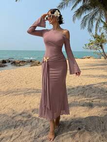 DAZY Elegant Solid Color Asymmetric Ruched Butterfly Decor Fishtail Midi Dress For Women, Autumn Sundress - Pink - View 6