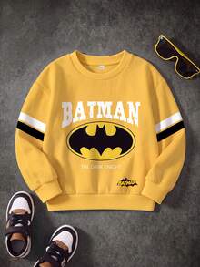 BATMAN X SHEIN 男童休闲时尚街头运动风蝙蝠字母图案撞色条纹落肩宽松保暖卫衣，秋冬款 - 白色 - 查看 1