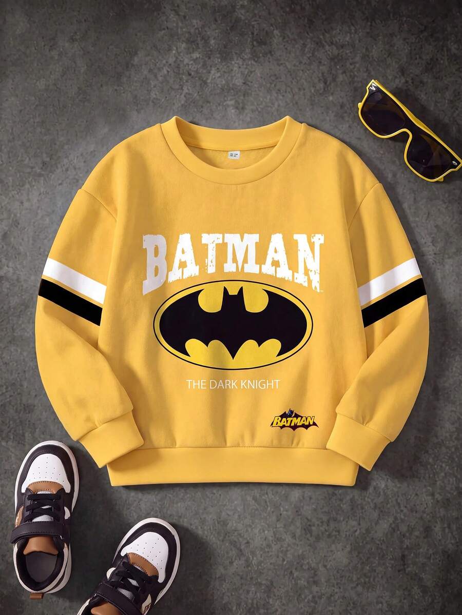 BATMAN X SHEIN 男童休闲时尚街头运动风蝙蝠字母图案撞色条纹落肩宽松保暖卫衣,秋冬款 - 白色 - 查看 1
