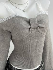 Elamini Women's Lace Patchwork Pleated Fitted Versatile Daily Casual Sweater - Grey - View 3