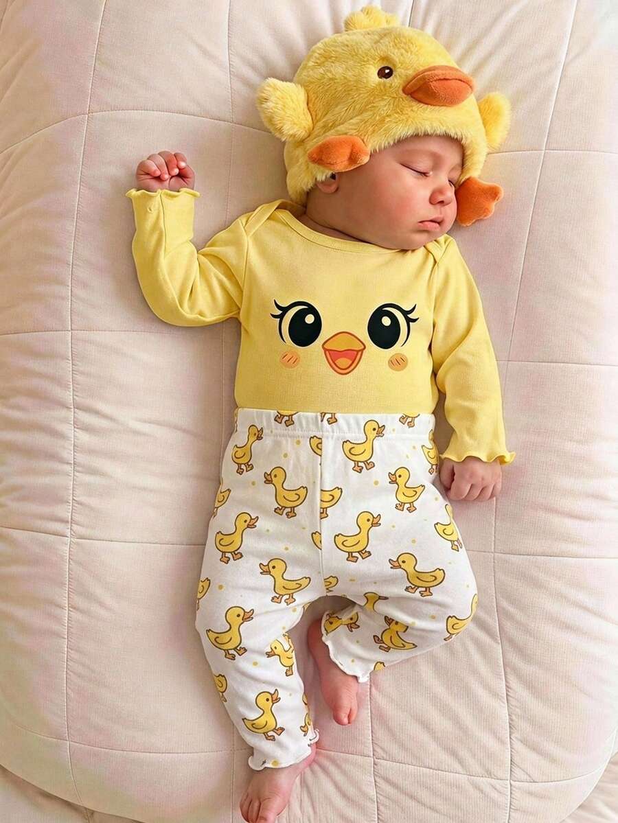 Newborn Baby Girl Cute Cartoon & Floral Pattern Long Sleeve Loungewear Set - Multicolor - View 1