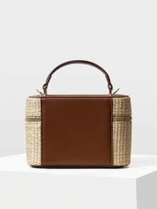 MOTF WOMEN'S FASHION APRICOT STRAW HANDBAG, EXQUISITE SIMPLE BOX BAG, FOR DAILY, COMMUTING, SHOPPING, SUMMER VACATION, TRAVEL, BEACH, SEASIDE - Brown straw weaving - View 4