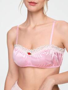 Bonmuse Sujetador de lencería para mujer rosa de satén estilo kawaii lindo coquette babydoll lolita con patchwork de encaje y patchwork 3D romántico - Rosa - Ver 6