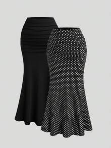 Sweetra Plus Size Women's Soft Matte Solid Color Polka Dot Skirt, High Waist Ruched Design Mermaid Tail Skirt, Body-Hugging Slim Fit Hip-Flattering Concealing Flattering Height-Enhancing Elegant Drape Versatile Skirt, High Waist Ruched Mermaid Tail Skirt, Solid Color Polka Dot Slim Fit Hip-Flattering Skirt - Black and White - View 1