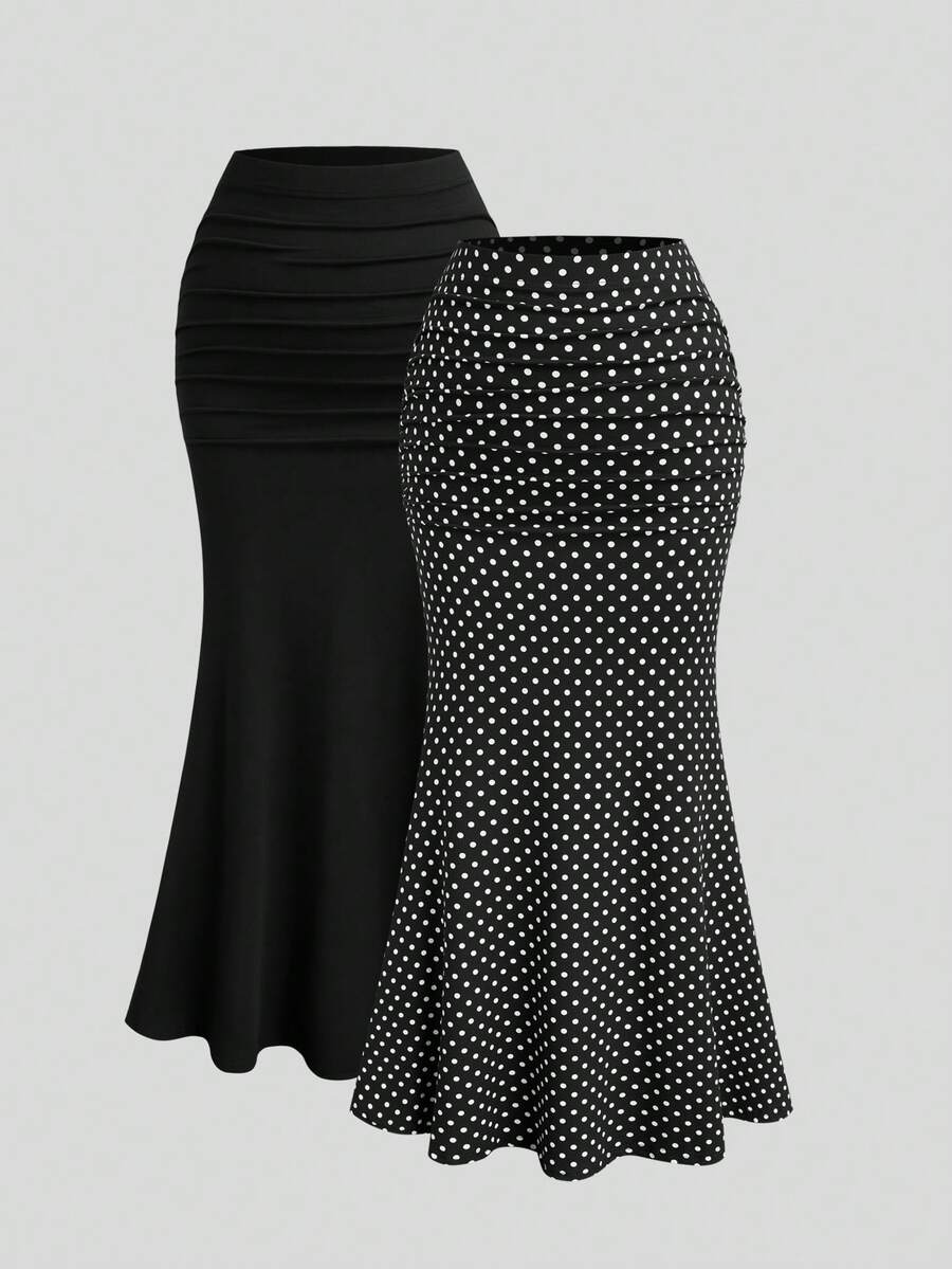Sweetra Plus Size Women's Soft Matte Solid Color Polka Dot Skirt, High Waist Ruched Design Mermaid Tail Skirt, Body-Hugging Slim Fit Hip-Flattering Concealing Flattering Height-Enhancing Elegant Drape Versatile Skirt, High Waist Ruched Mermaid Tail Skirt, Solid Color Polka Dot Slim Fit Hip-Flattering Skirt - Black and White - View 1