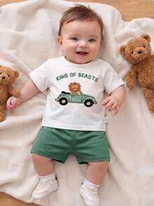 Newborn Baby Cute Knitted Cartoon Pattern Short Sleeve T-Shirt & Shorts Set - Apricot - View 1