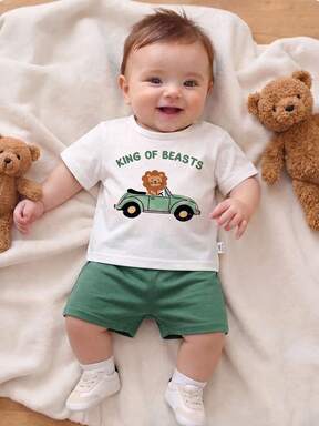 Newborn Baby Cute Knitted Cartoon Pattern Short Sleeve T-Shirt & Shorts Set