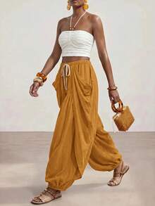 Zivah Women's Designer Drawstring Waist Pleated Long Pants For Beach Vacation - Mustard Yellow - View 5