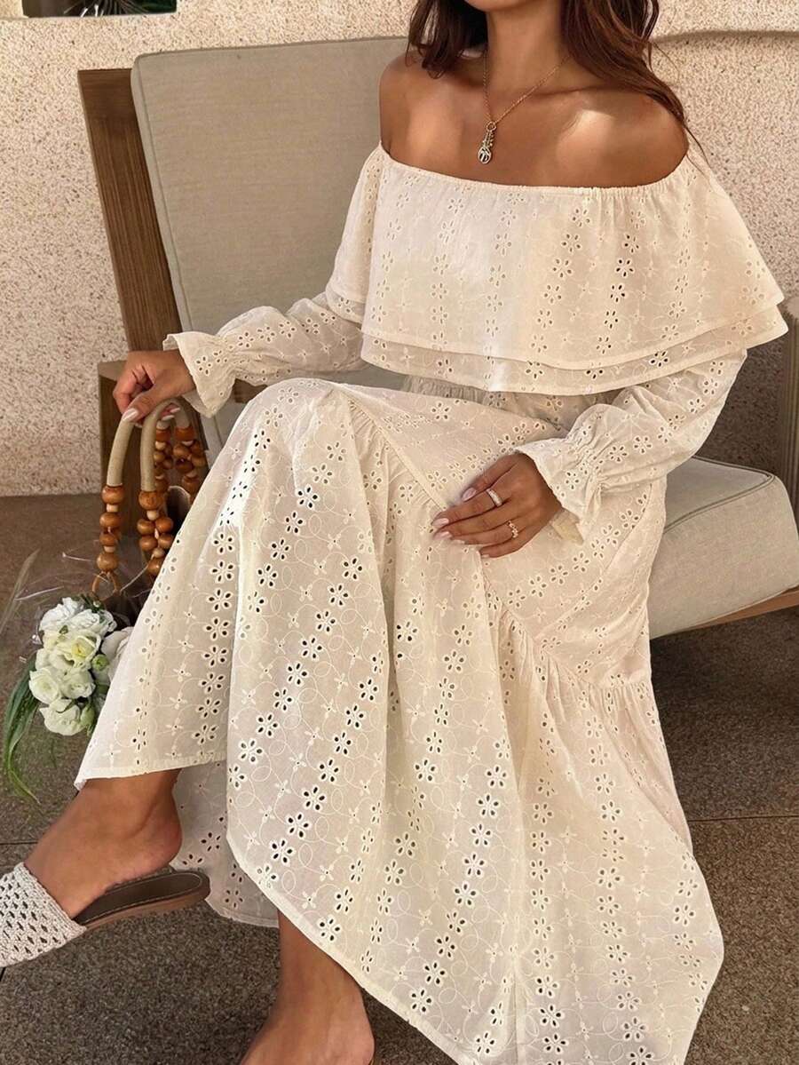 DAZY Autumn/Winter Ruffle Ruffle Long Sleeve Cinched Waist Hollow Embroidery Cotton Fabric Pastoral Style Women's Midi Dress - Apricot - View 1