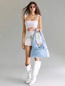 Viva Strut Ladies Bag, Fashionable Canvas HOBO Bag, Rope Decoration, Star Printed Stray Bag With Front Bow Design, Avant-Garde Retro Style Is Suitable For Street - Light blue - View 9