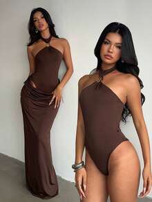 SHEIN Glamour Setelan Dua Potong: Bodysuit Model Halter Silang dengan Cincin Logam dan Rok Maxi Lurus dengan Detail Kerut di Pinggang, Pakaian Pesta Malam Wanita - Coffee Brown - View 3