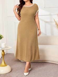 Lacomfia Plus Size Women's Colorblock Round Neck Short Sleeve Faux Cashmere Knit Dress - Camel - View 3