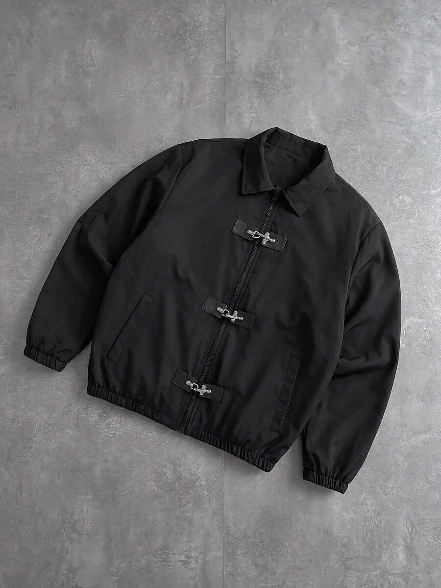 PAVTROS Chaqueta casual de manga larga para hombre con cierre de botones a presión - Negro - Ver 1
