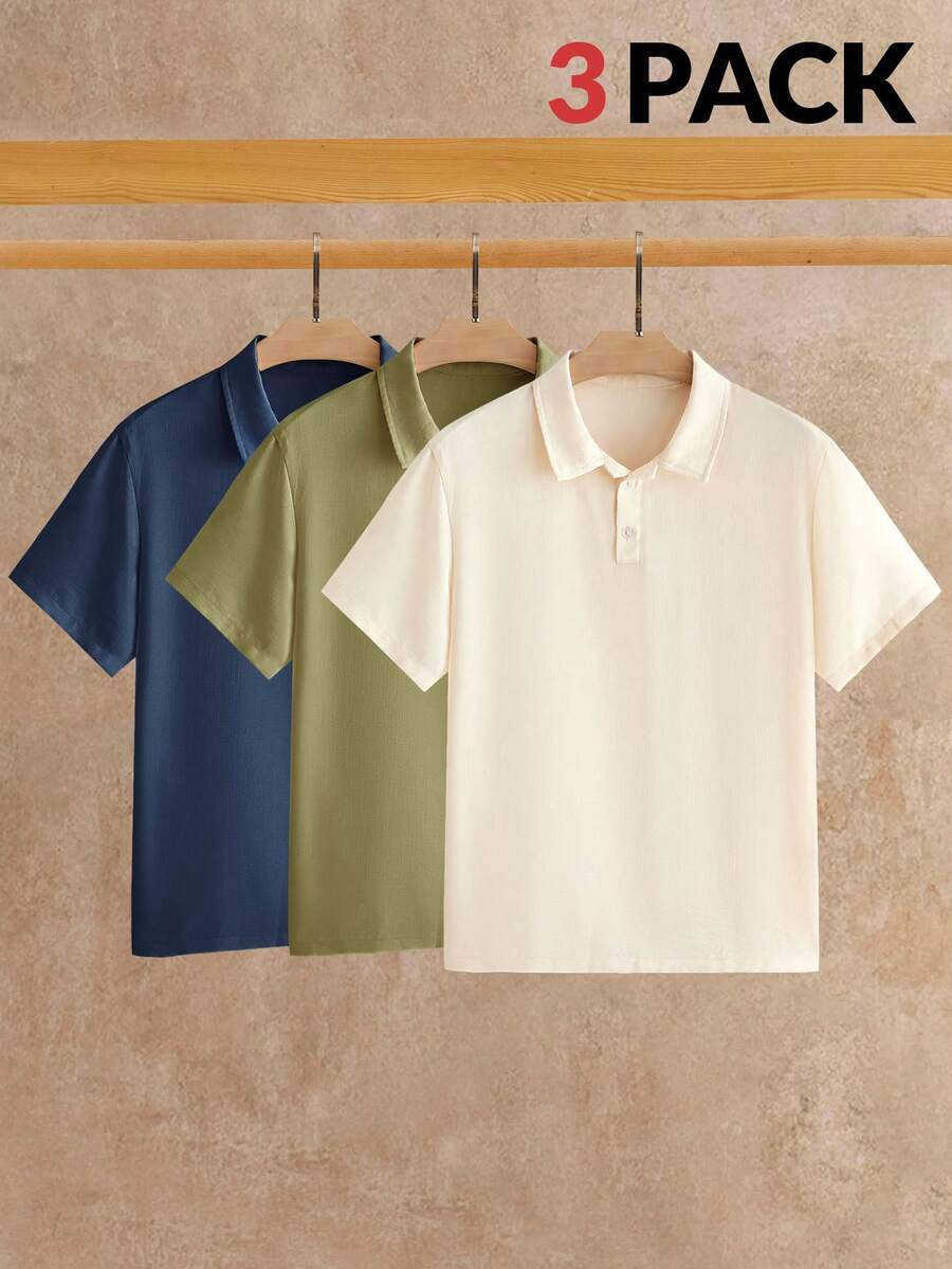 HIMLAND 男士純色短袖 Polo 衫 3 件組 - 彩色 - 查看 1