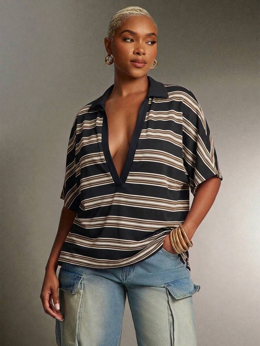 Denimoi Plunge Neck Collared Oversized Striped Polo Top Fashionable Tops - Multicolor - View 1