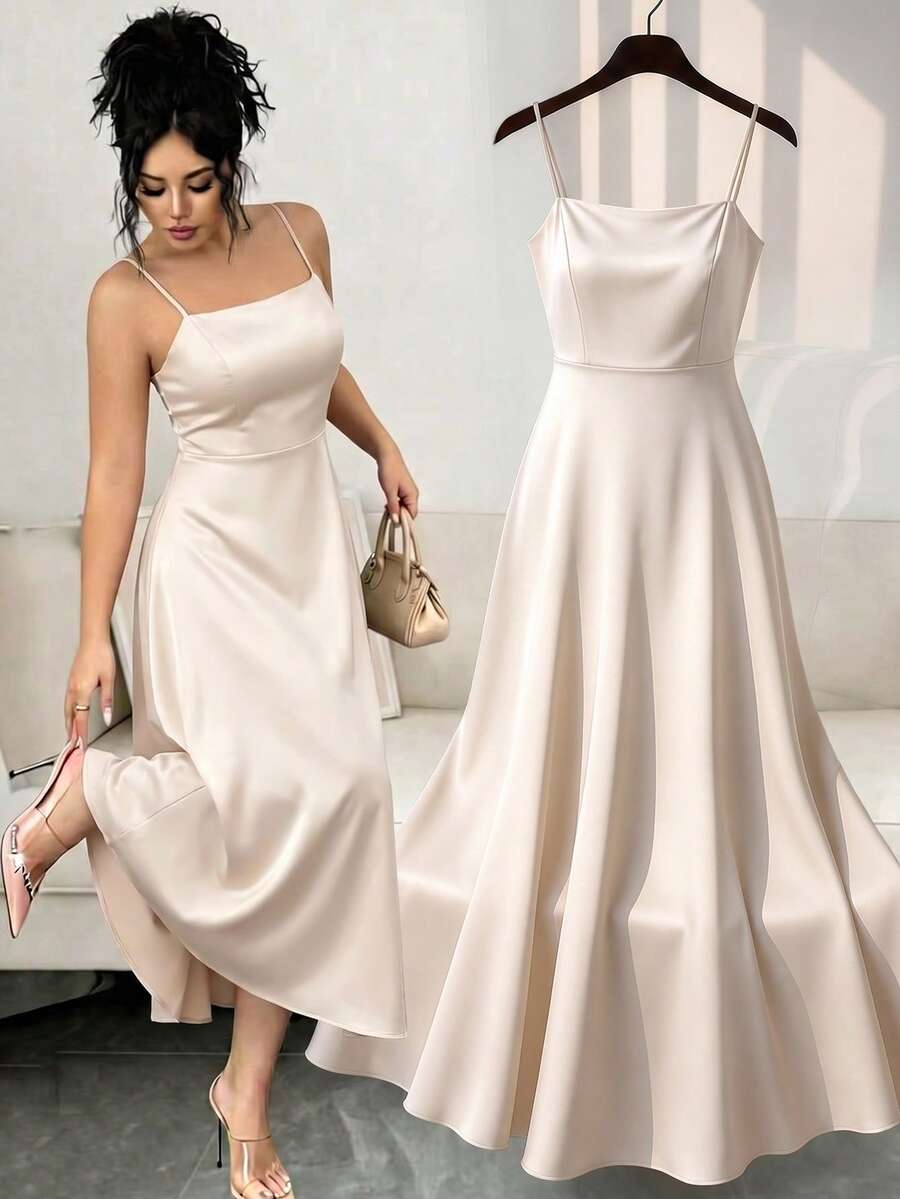 GlowEve CURVE Plus Size Women Elegant Solid Color Spaghetti Strap Backless Cinched Waist A-Line Dress, Suitable For Summer Casual Vacation - Apricot - View 1