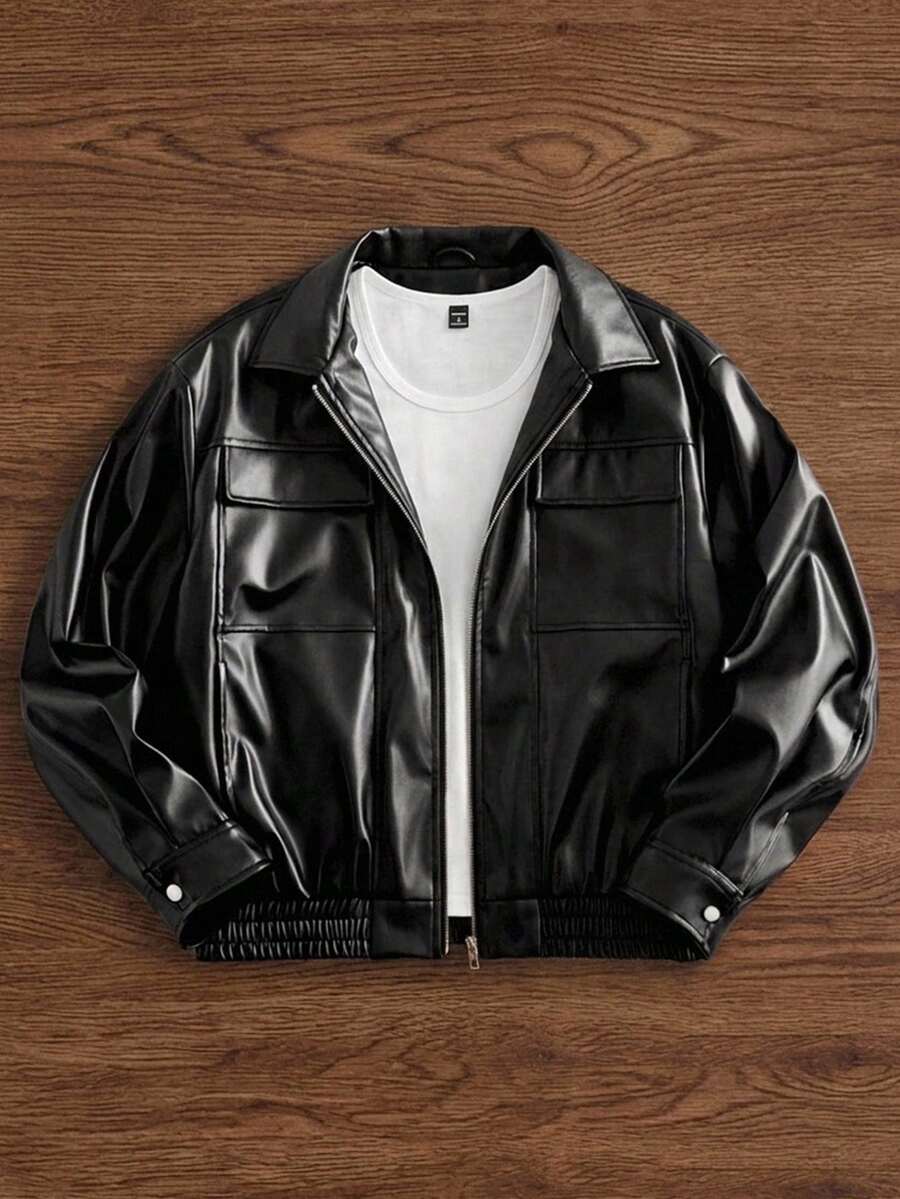 HIMLAND Jaket Kerja Kulit PU Serbaguna untuk Pria, Tren Fashion Musim Gugur - Hitam - View 1