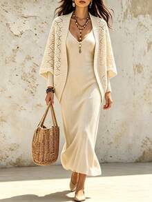 SHEIN Women's All-Match Minimalist Fashion Versatile Commute Batwing Sleeve Elegant Knit Cardigan - Camel - View 4