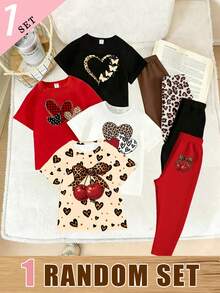 Set di 1 Blind Box con invio casuale per bambine piccole, maglietta a maniche corte basic con stampa creativa leopardata, cuore, ciliegia, fiocco, farfalla, pois e slogan con lettere + leggings - Multicolore - Visualizzare 3