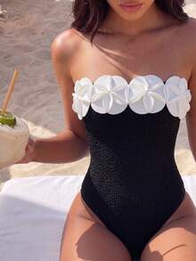 Swim Chiccia Swim Chicsea 女款純色平口 3D 花朵連身泳衣，適合夏季海灘度假 - 黑色 - 查看 2
