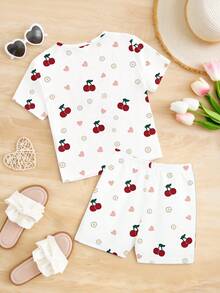 Set de 2 piezas de camiseta de manga corta con estampado de frutas y cerezas y pantalones cortos casuales para niñas, uso cómodo para primavera, verano y otoño - Multicolor - Ver 2