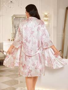 MuseNap CURVE Plus Size Pink Floral Print Nightgown And Robe Set With Pink Lace Trim - Pink - View 2