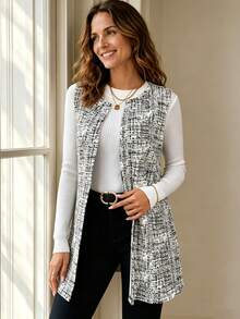 SHEIN Essnce Women's Spring/Autumn Casual All-Over Print Vest Jacket - White - View 1
