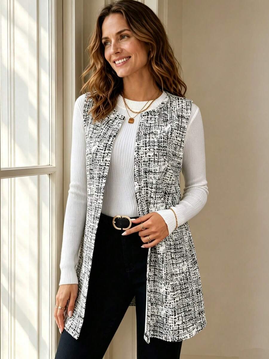 SHEIN Essnce Women's Spring/Autumn Casual All-Over Print Vest Jacket - White - View 1