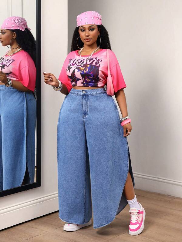 Slaydiva Plus Size Women's High Waist Loose Casual Versatile Denim Wide Leg Pants