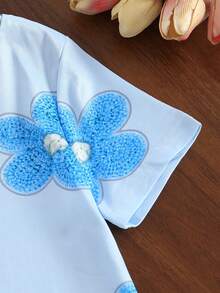 SHEIN Playful Pals 小女孩仿3D珍珠花卉印花短袖T恤與配套短褲2件式甜美女孩休閒套裝 - 彩色 - 查看 6