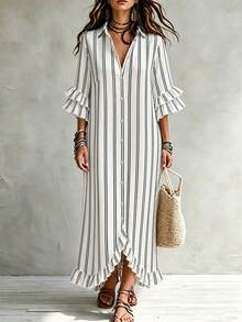 Linhara CURVE Plus-Size Lady's Elegant And Casual Striped Printed Long Dress. Suitable For Holidays, Commutes, Parties And Other Occasions Fall - Black and White - View 3
