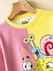 SpongeBob SquarePants | SHEIN 男嬰卡通印花圓領運動衫與慢跑褲兩件套，可愛休閒風 - 白色 - 查看 5