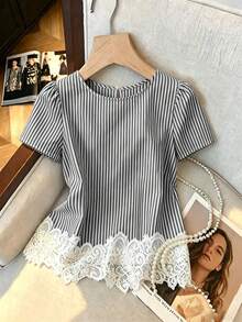 Franclia Women's Fashion Round Neck Striped Lace Patchwork Short Sleeve Blouse - Black and White - View 3