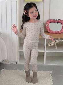 DAZY Ditsy Floral Fitted Long Sleeve Top And Long Pants 2 Pieces Set, Young Girls Ditsy Floral Round Neck Loungewear Fall - Beige - View 7