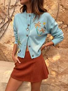 RIVANDRE Vacation Casual Coconut Tree Embroidered Cardigan - Multicolor - View 6
