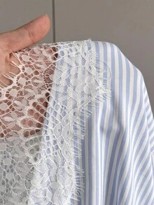 SHEIN EZwear 女款條紋蕾絲拼接不對稱下擺修身洋裝 - 彩色 - 查看 6