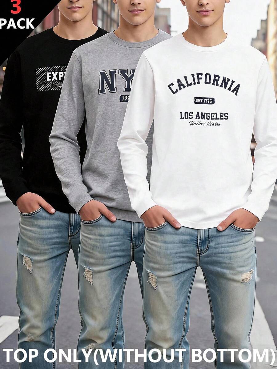 SHEIN Teen Boy 3pcs T-Shirt Multi Pack, Versatile Long Sleeve Clothes Back-To-School Autumn/Winter - Multicolor - View 1