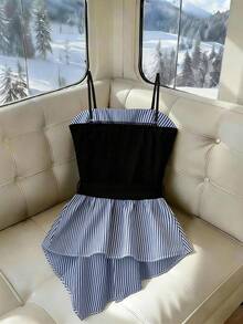 Franclia 女士夏季时尚条纹拼接搭扣装饰吊带背心 - 黑色 - 查看 2