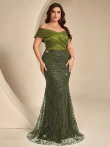 Coutiva Plus Size Sequin Patchwork Off Shoulder Formal Evening Gown - Army Green - View 1