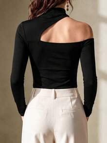 Balvessa Women's Half-High Neck One-Shoulder Asymmetrical Cut-Out Off-Shoulder Top With White Contrast Ribbon Bow Decor, Long Sleeve, Cinched Waist - Black and White - View 2